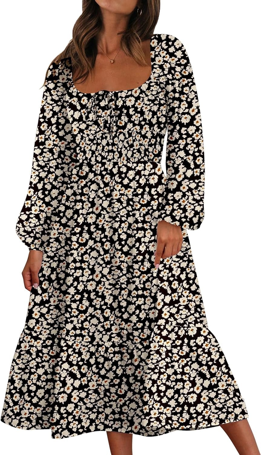 Women Floral Fall Long Sleeve Dress 2023 Midi Dress Boho Casual Square Neck Trendy Dresses Black-White / Medium