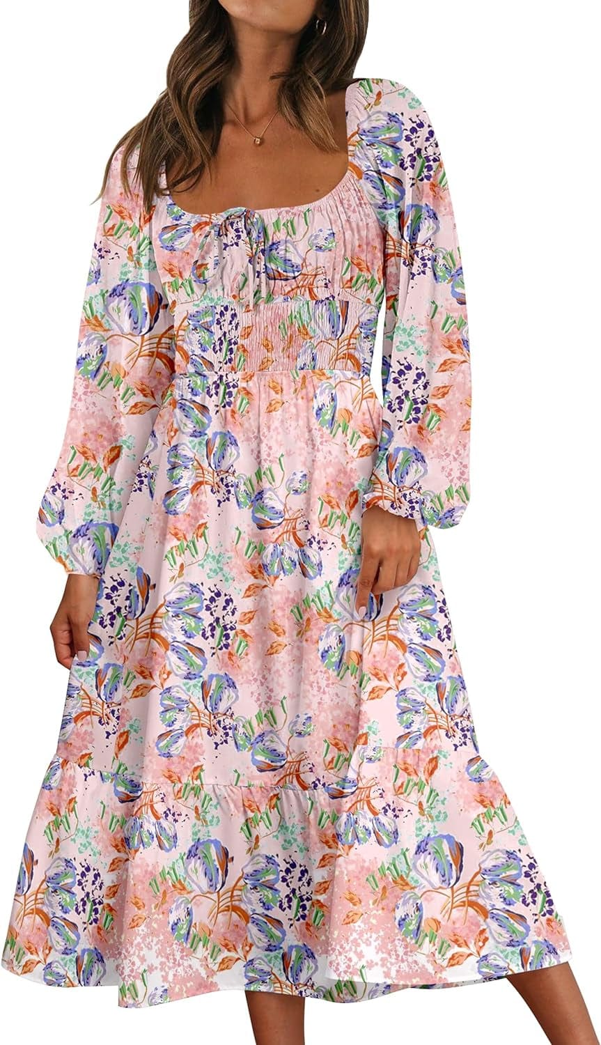 Women Floral Fall Long Sleeve Dress 2023 Midi Dress Boho Casual Square Neck Trendy Dresses Floral-Peony / Medium