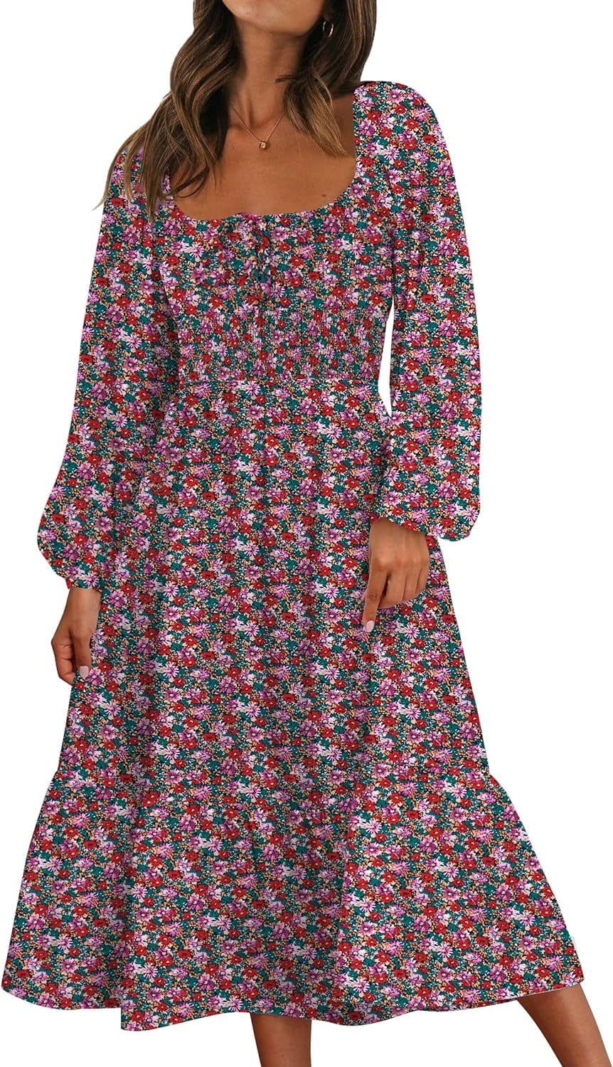 Women Floral Fall Long Sleeve Dress 2023 Midi Dress Boho Casual Square Neck Trendy Dresses Floral-B / Small
