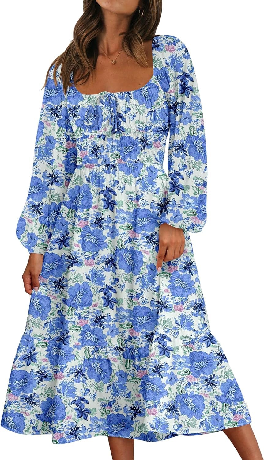 Women Floral Fall Long Sleeve Dress 2023 Midi Dress Boho Casual Square Neck Trendy Dresses Blue-White-A / Small