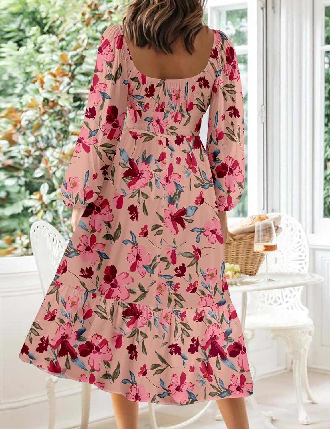 Women Floral Fall Long Sleeve Dress 2023 Midi Dress Boho Casual Square Neck Trendy Dresses