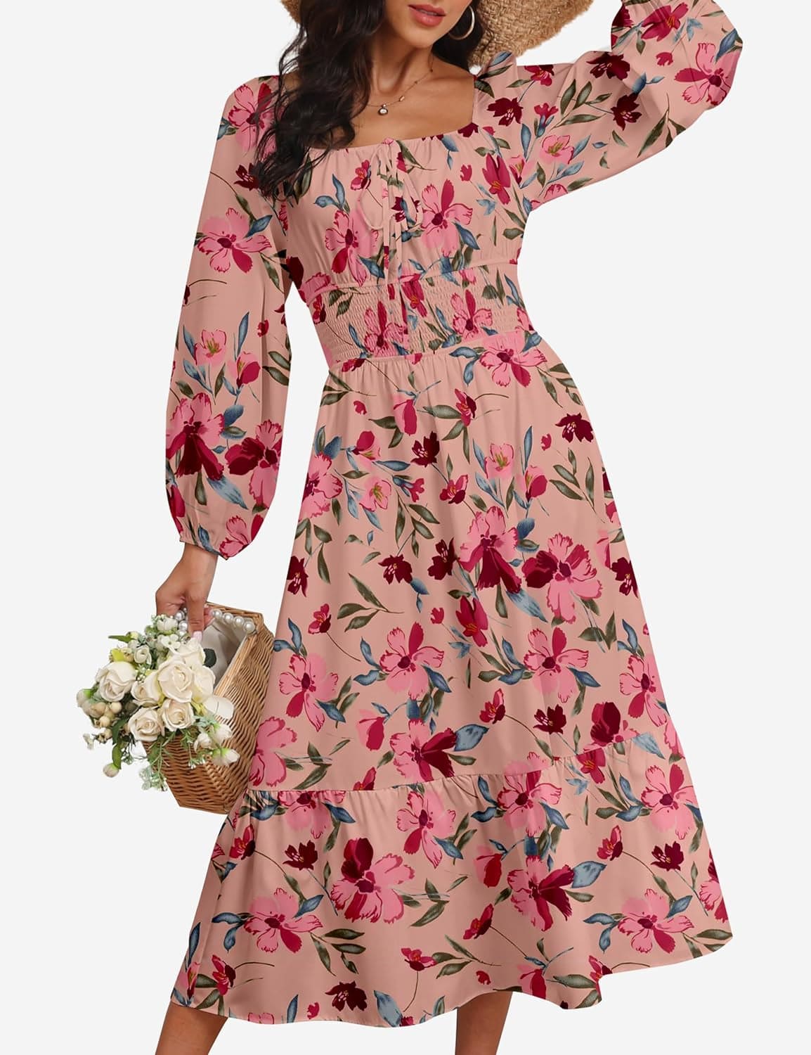 Women Floral Fall Long Sleeve Dress 2023 Midi Dress Boho Casual Square Neck Trendy Dresses