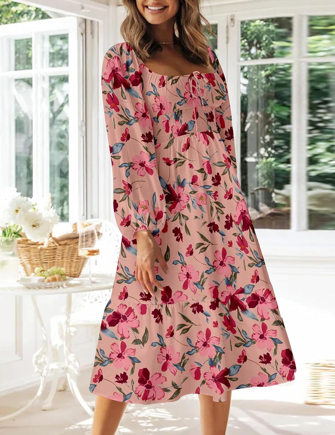 Women Floral Fall Long Sleeve Dress 2023 Midi Dress Boho Casual Square Neck Trendy Dresses