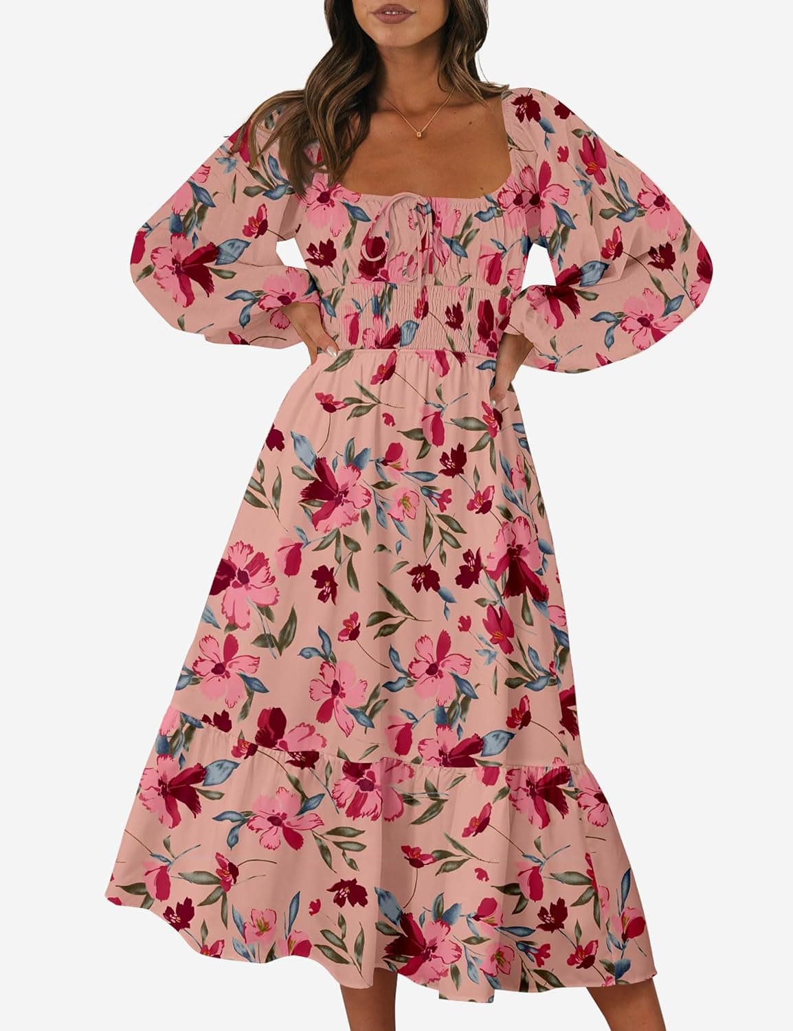 Women Floral Fall Long Sleeve Dress 2023 Midi Dress Boho Casual Square Neck Trendy Dresses