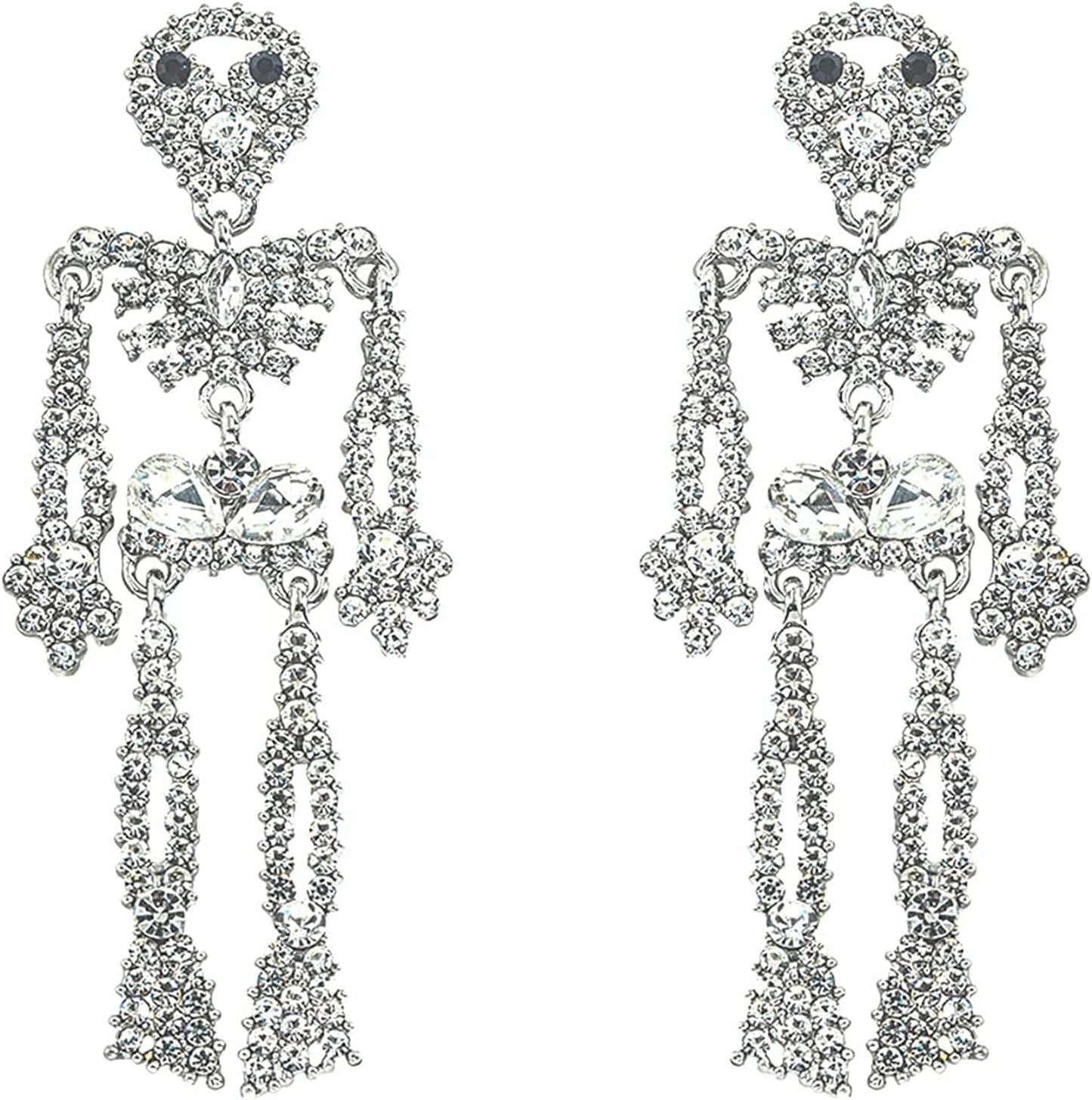 Women Girls Halloween Crystal Skeleton Dangle Earrings, Bling Rhinestone Skull Earrings Gothic Skull Dangle Earrings Set (2)Color: Silver