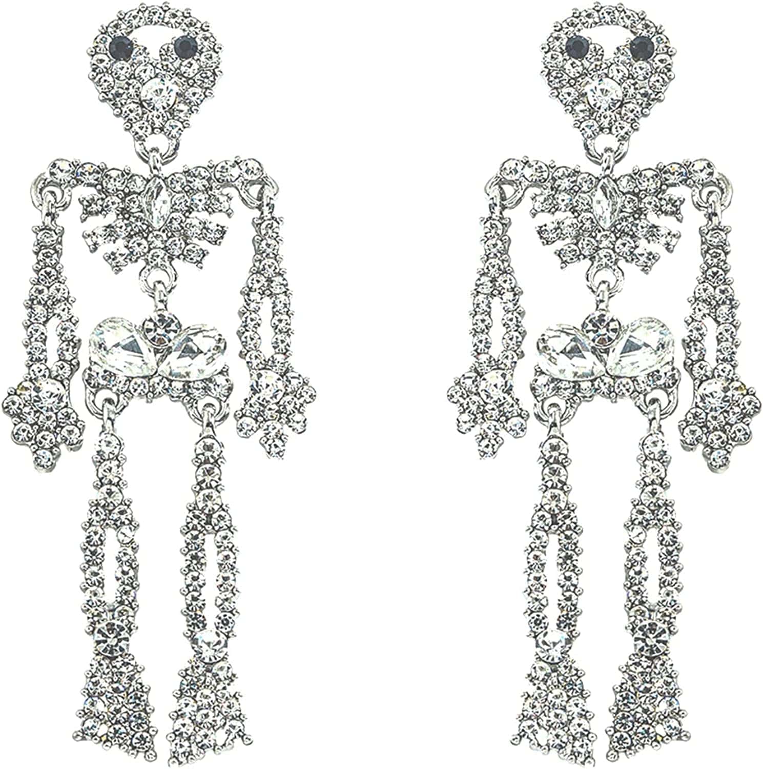 Women Girls Halloween Crystal Skeleton Dangle Earrings, Bling Rhinestone Skull Earrings Gothic Skull Dangle Earrings Set (2)Color: Silver