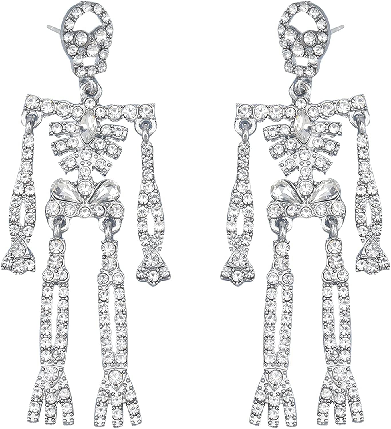 Women Girls Halloween Crystal Skeleton Dangle Earrings, Bling Rhinestone Skull Earrings Gothic Skull Dangle Earrings Set (1)Color: Silver