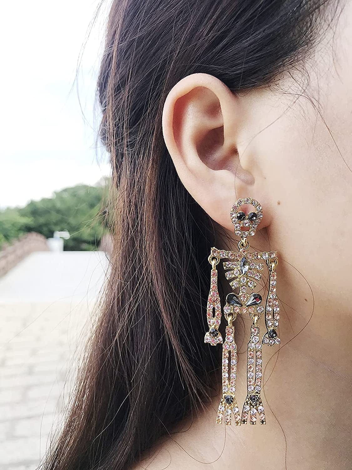 Women Girls Halloween Crystal Skeleton Dangle Earrings, Bling Rhinestone Skull Earrings Gothic Skull Dangle Earrings Set