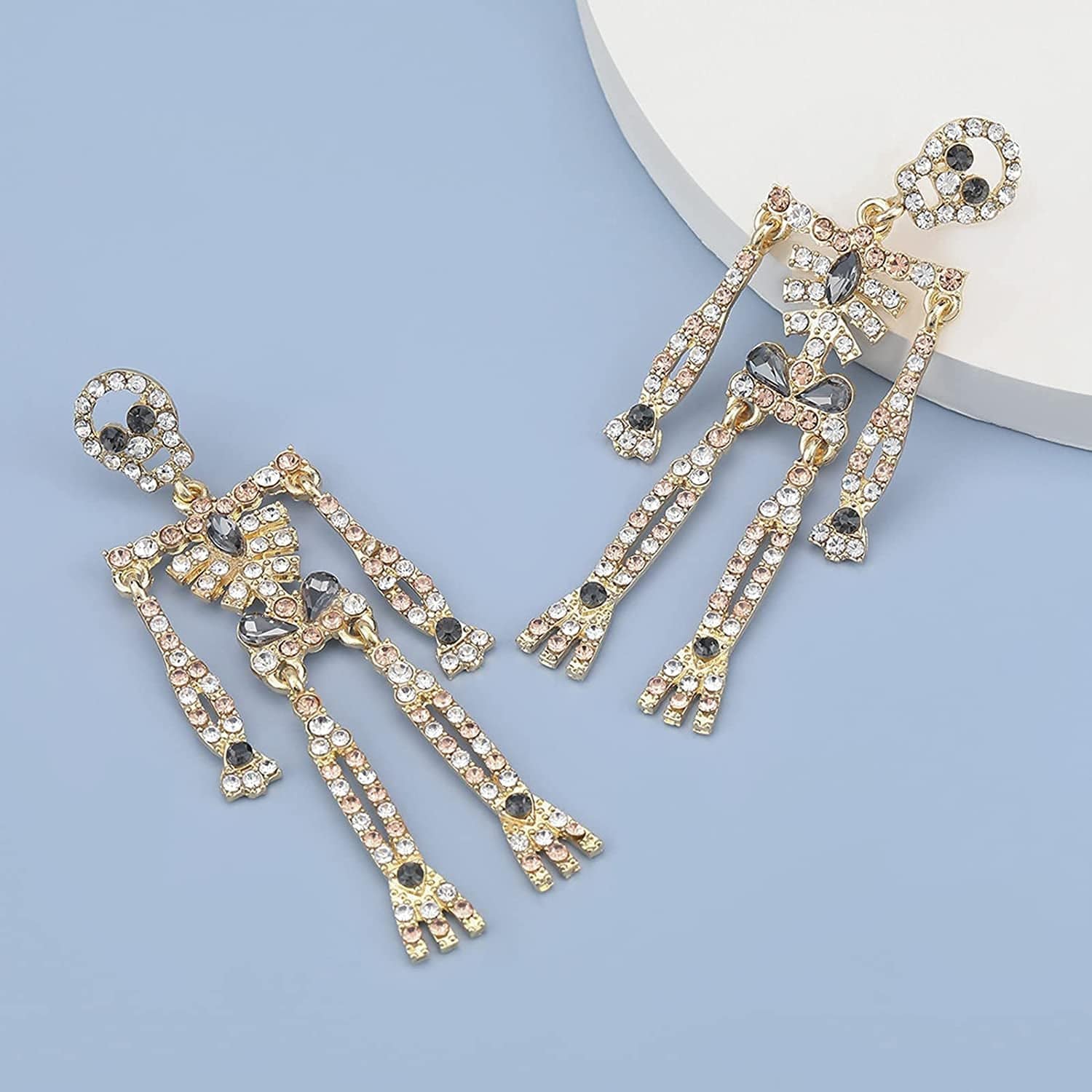 Women Girls Halloween Crystal Skeleton Dangle Earrings, Bling Rhinestone Skull Earrings Gothic Skull Dangle Earrings Set