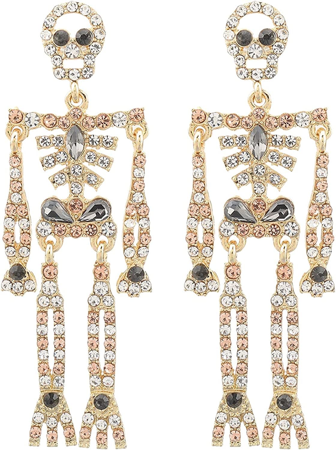 Women Girls Halloween Crystal Skeleton Dangle Earrings, Bling Rhinestone Skull Earrings Gothic Skull Dangle Earrings Set (1)Color: golden