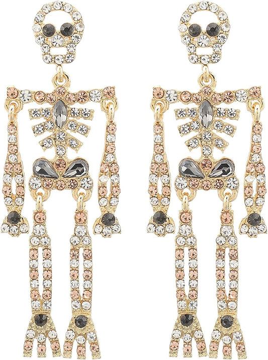 Women Girls Halloween Crystal Skeleton Dangle Earrings, Bling Rhinestone Skull Earrings Gothic Skull Dangle Earrings Set (1)Color: golden