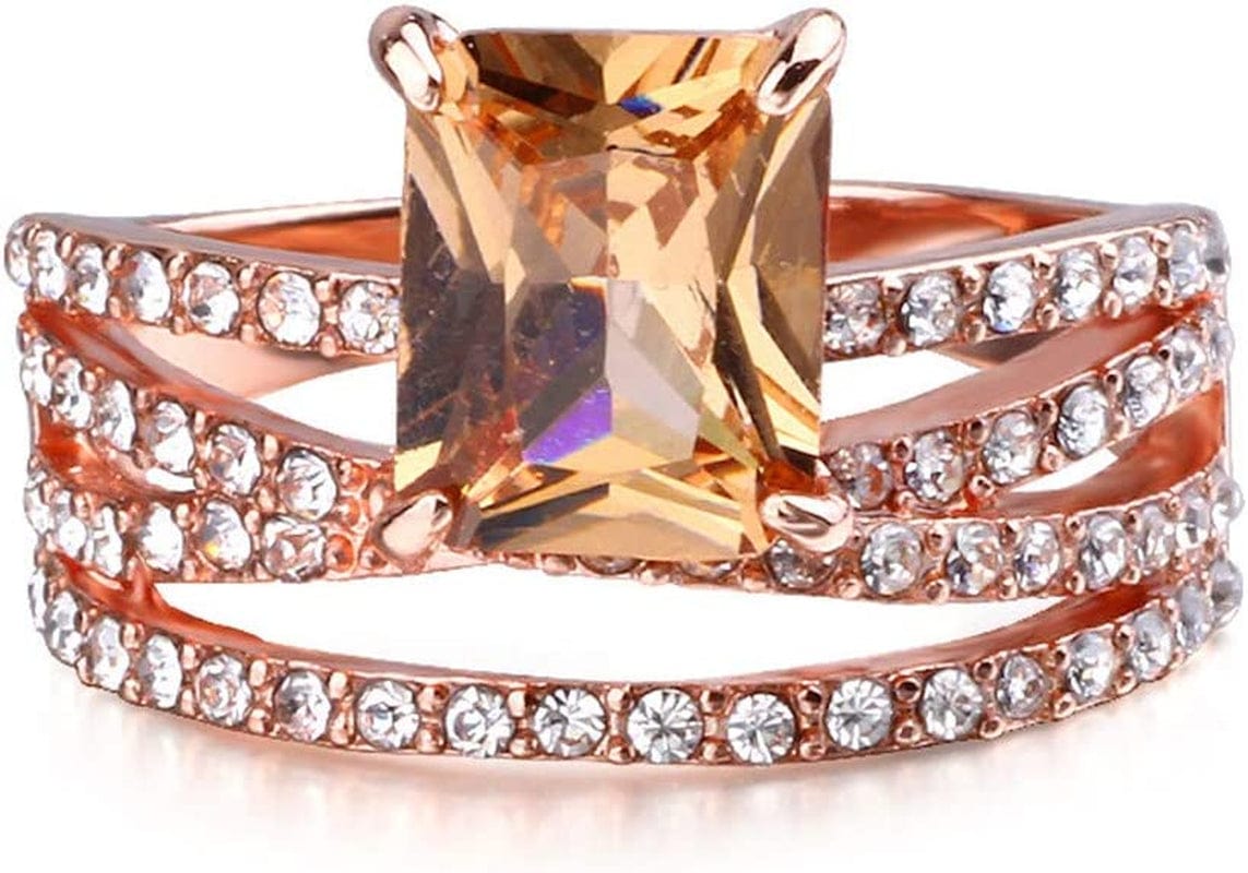 Women Girls Trendy Square-Topaz Ring Rose Gold Stacking Ring Simple Temperament Jewelry Geometric Diamond Ring (Rose Gold, 7)