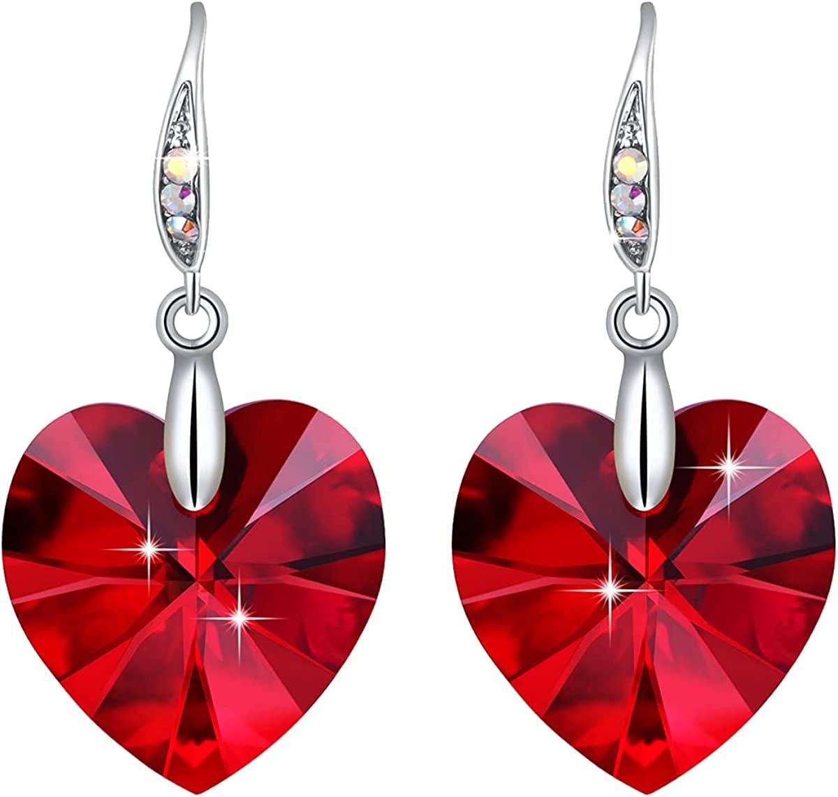 Women Heart Crystals Earrings Drop Dangle Fish Hook Earrings for Girl Christmas Mothers Day Gifts for Her Ruby