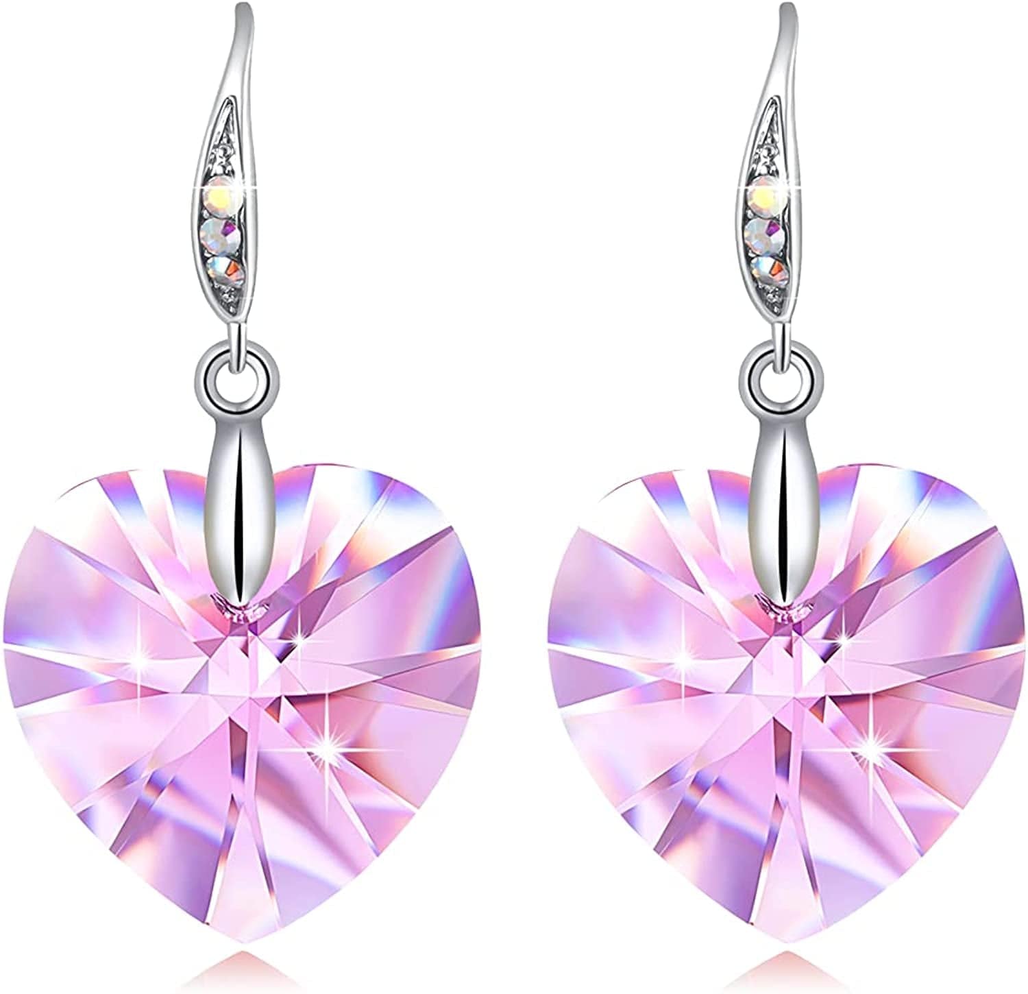 Women Heart Crystals Earrings Drop Dangle Fish Hook Earrings for Girl Christmas Mothers Day Gifts for Her Pink