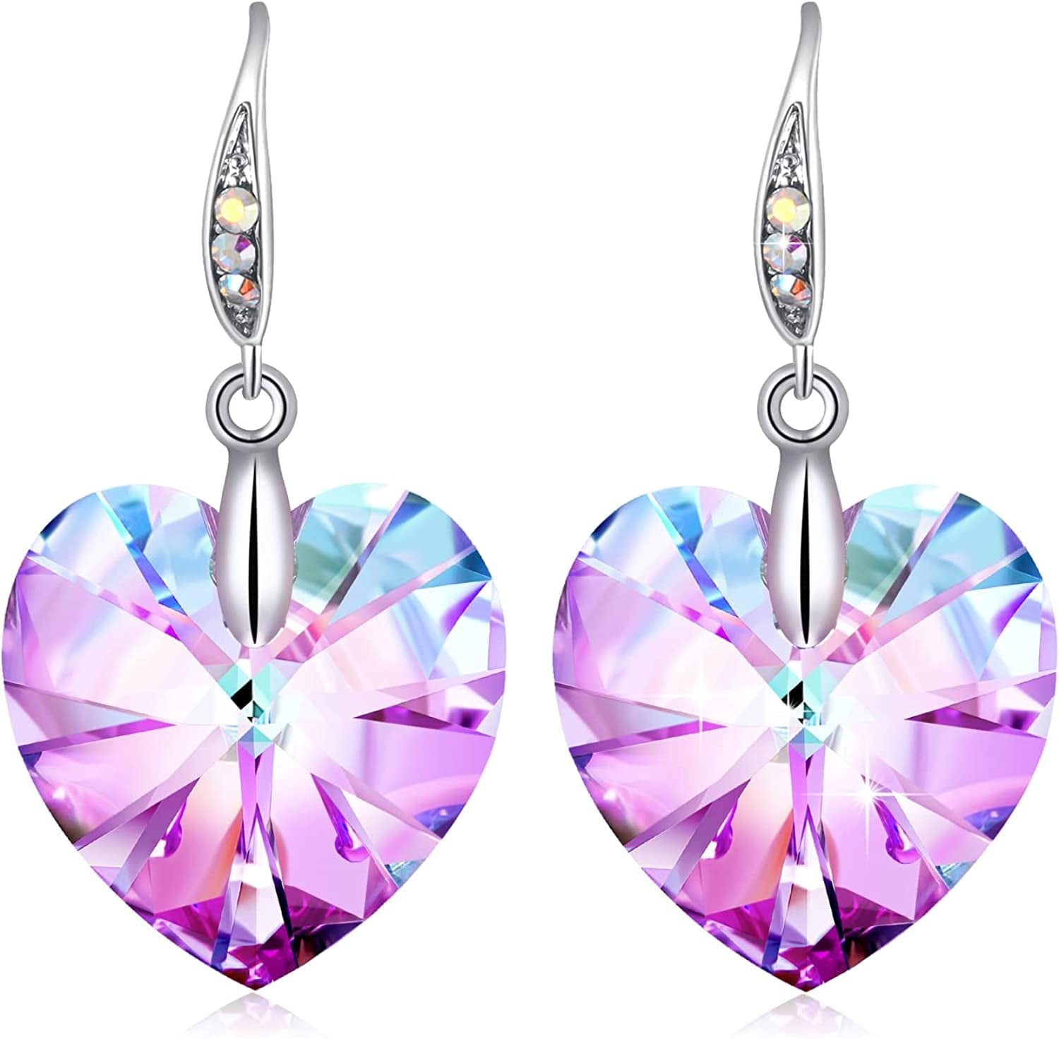Women Heart Crystals Earrings Drop Dangle Fish Hook Earrings for Girl Christmas Mothers Day Gifts for Her Purple Pink