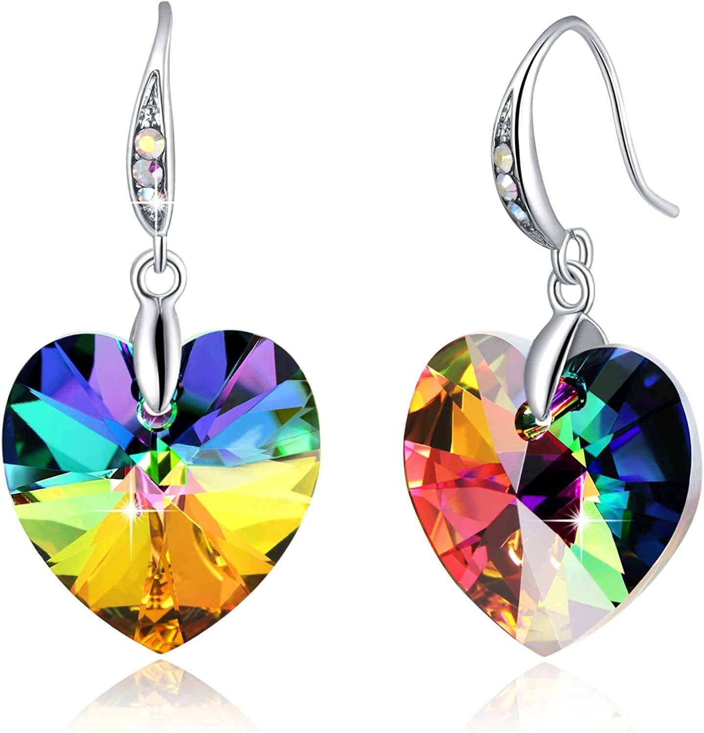 Women Heart Crystals Earrings Drop Dangle Fish Hook Earrings for Girl Christmas Mothers Day Gifts for Her Gold Rainbow
