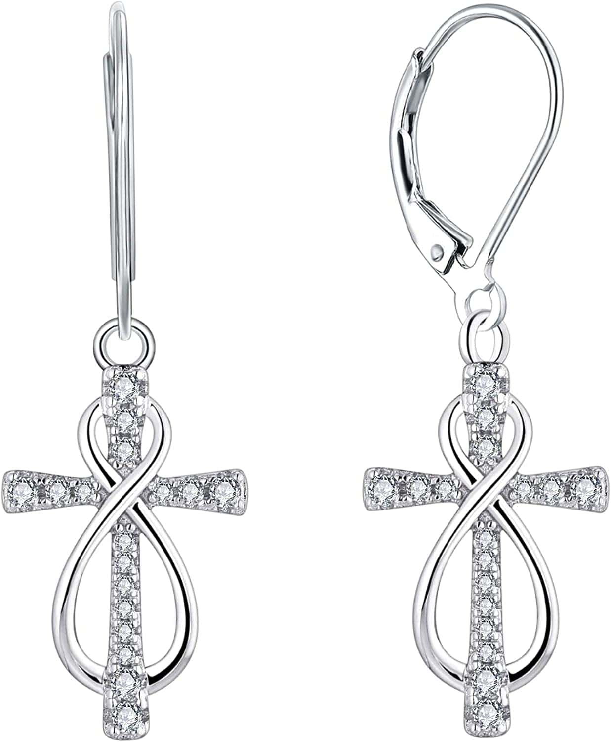 Women Infinity Cross Earrings,925 Sterling Silver Leverback Crucifix Cross Dangle & Drop Earrings with 5A Cubic Zirconia,Jesus Jewelry for Women white gold