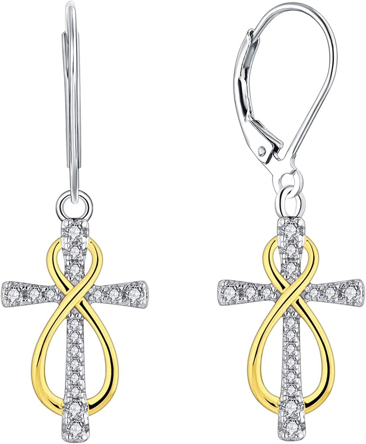 Women Infinity Cross Earrings,925 Sterling Silver Leverback Crucifix Cross Dangle & Drop Earrings with 5A Cubic Zirconia,Jesus Jewelry for Women infinity part yellow gold