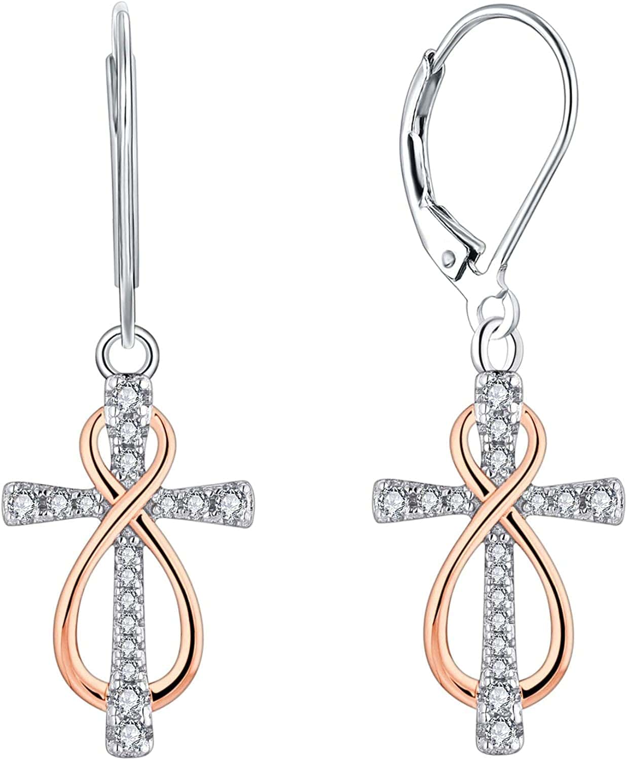 Women Infinity Cross Earrings,925 Sterling Silver Leverback Crucifix Cross Dangle & Drop Earrings with 5A Cubic Zirconia,Jesus Jewelry for Women infinity part rose gold