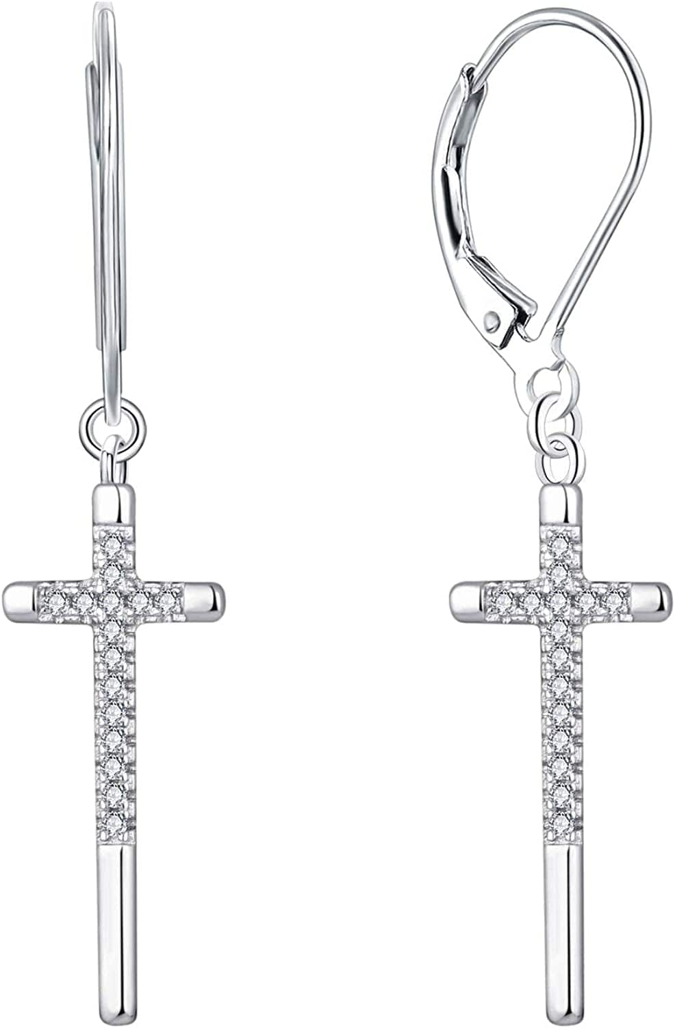 Women Infinity Cross Earrings,925 Sterling Silver Leverback Crucifix Cross Dangle & Drop Earrings with 5A Cubic Zirconia,Jesus Jewelry for Women Cross B-white gold
