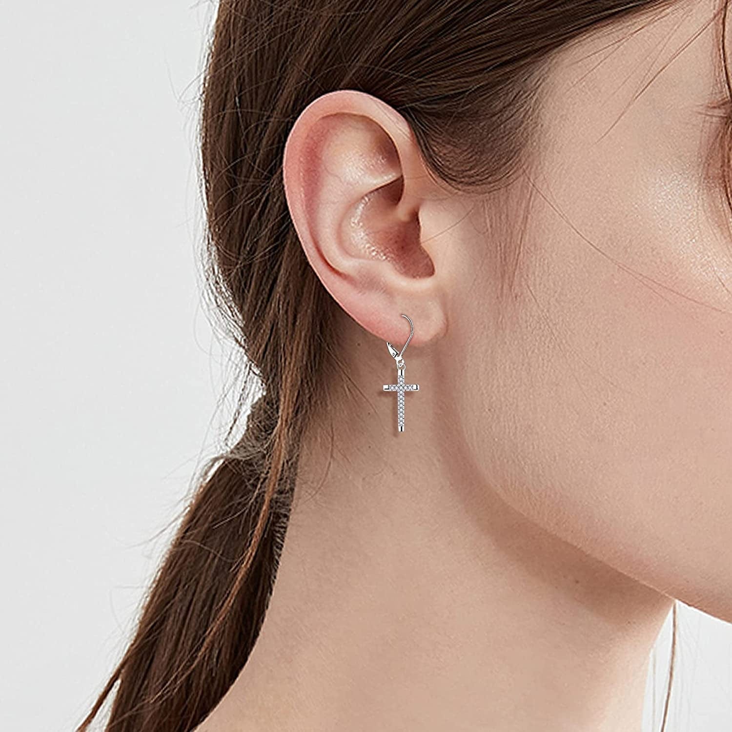 Women Infinity Cross Earrings,925 Sterling Silver Leverback Crucifix Cross Dangle & Drop Earrings with 5A Cubic Zirconia,Jesus Jewelry for Women