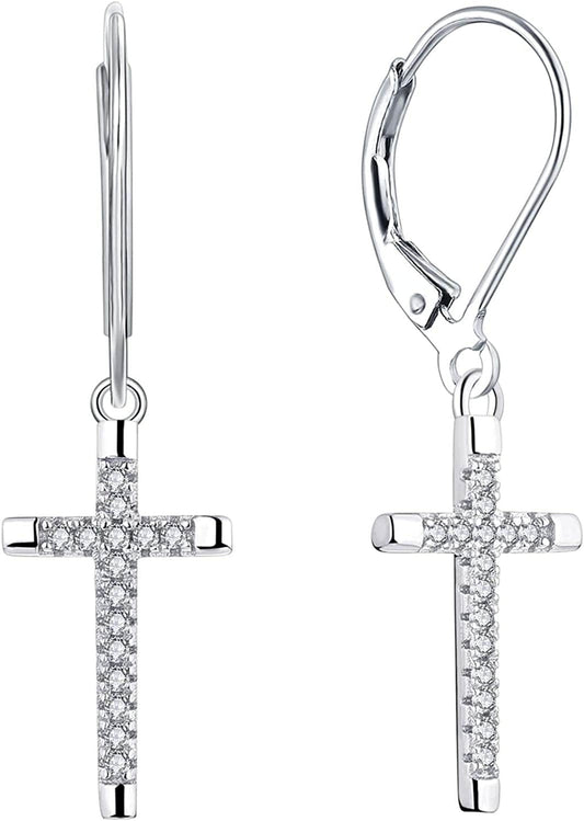 Women Infinity Cross Earrings,925 Sterling Silver Leverback Crucifix Cross Dangle & Drop Earrings with 5A Cubic Zirconia,Jesus Jewelry for Women Cross A-white gold