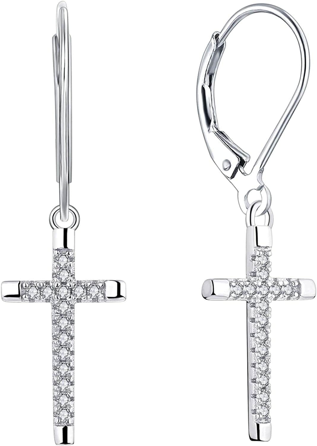 Women Infinity Cross Earrings,925 Sterling Silver Leverback Crucifix Cross Dangle & Drop Earrings with 5A Cubic Zirconia,Jesus Jewelry for Women Cross A-white gold
