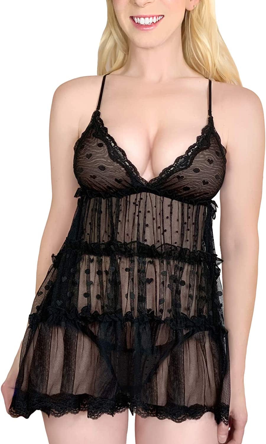 Women Lace Babydoll Chemise Halter V Neck Sleepwear and Thong Lingerie Set - Romantic Black / Large