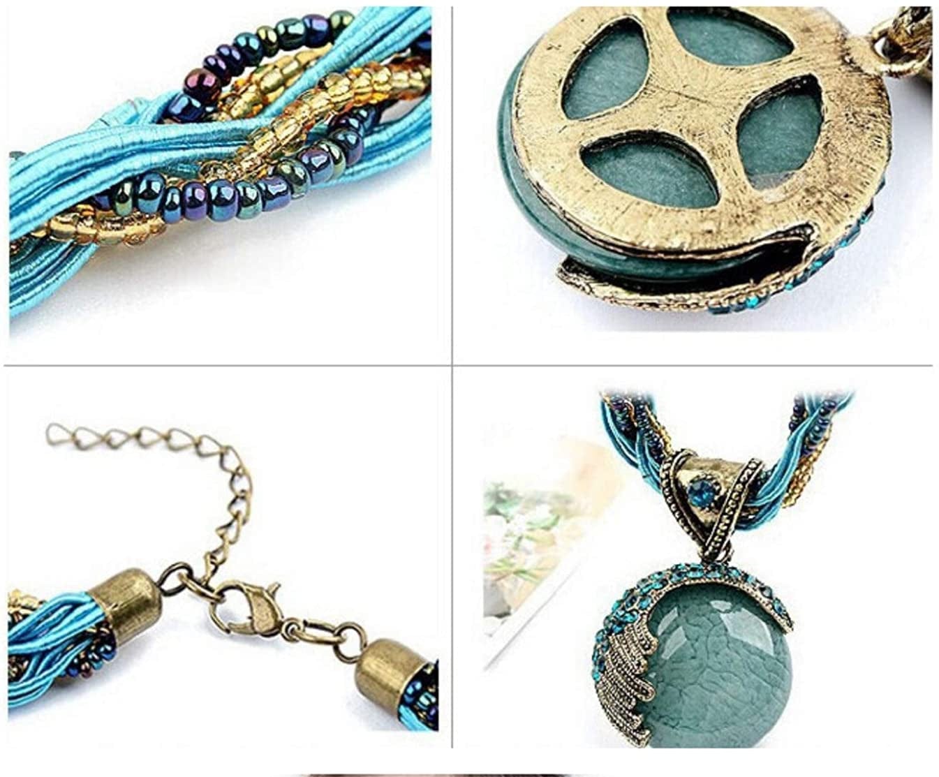 Women Lady Retro Vintage Bohemian Style Turquoise Rhinestone Pendant Collar Chain Necklace Fashion Jewelry