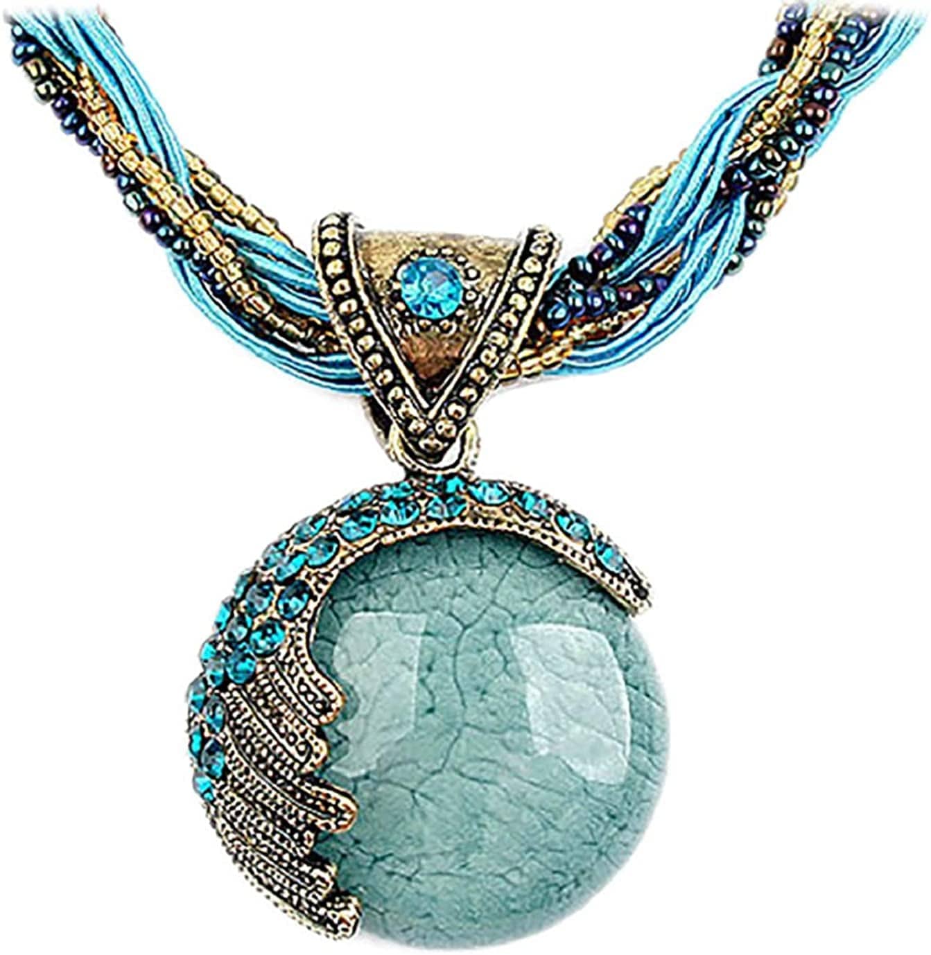 Women Lady Retro Vintage Bohemian Style Turquoise Rhinestone Pendant Collar Chain Necklace Fashion Jewelry
