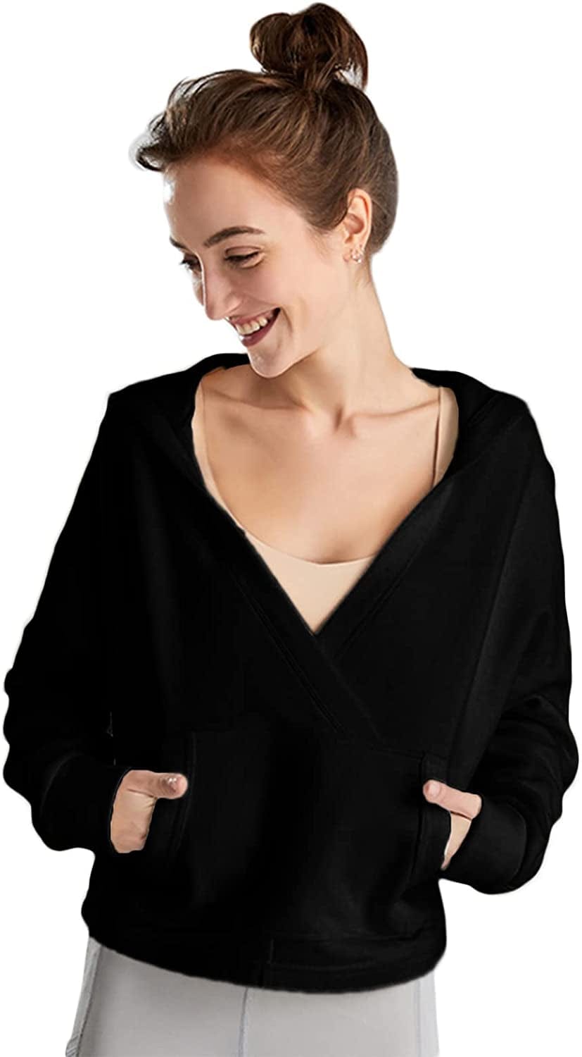 Women Long Sleeve Cropped Super Crop Top Hoodies Sweatshirt Aesthetic Punk Hip Hop Dance Sexy Rave Cloth Black02# / Large