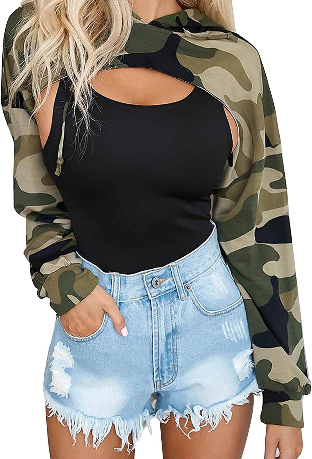 Women Long Sleeve Cropped Super Crop Top Hoodies Sweatshirt Aesthetic Punk Hip Hop Dance Sexy Rave Cloth Green Camo / Medium-Large