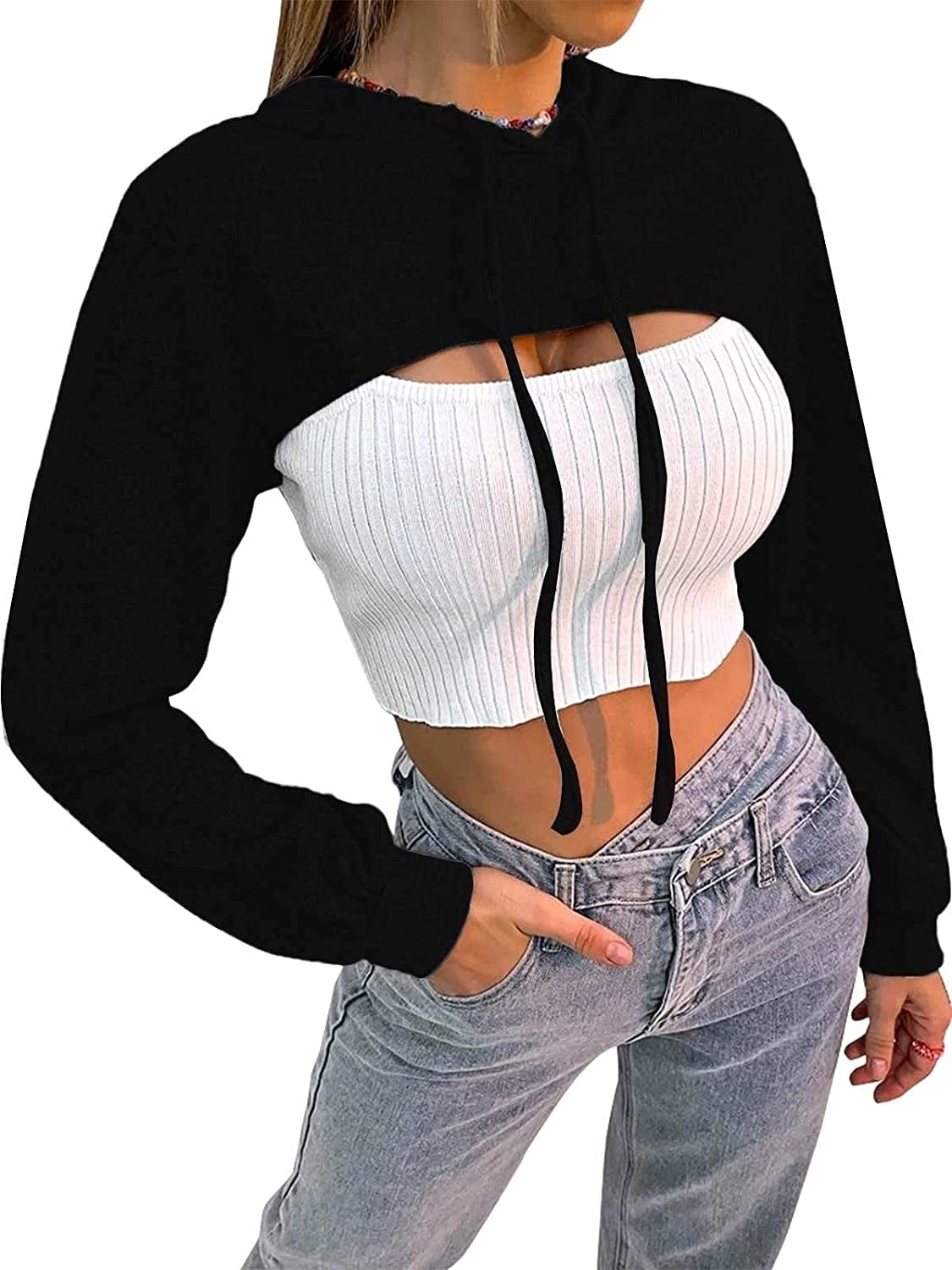 Women Long Sleeve Cropped Super Crop Top Hoodies Sweatshirt Aesthetic Punk Hip Hop Dance Sexy Rave Cloth Black / Medium-Large