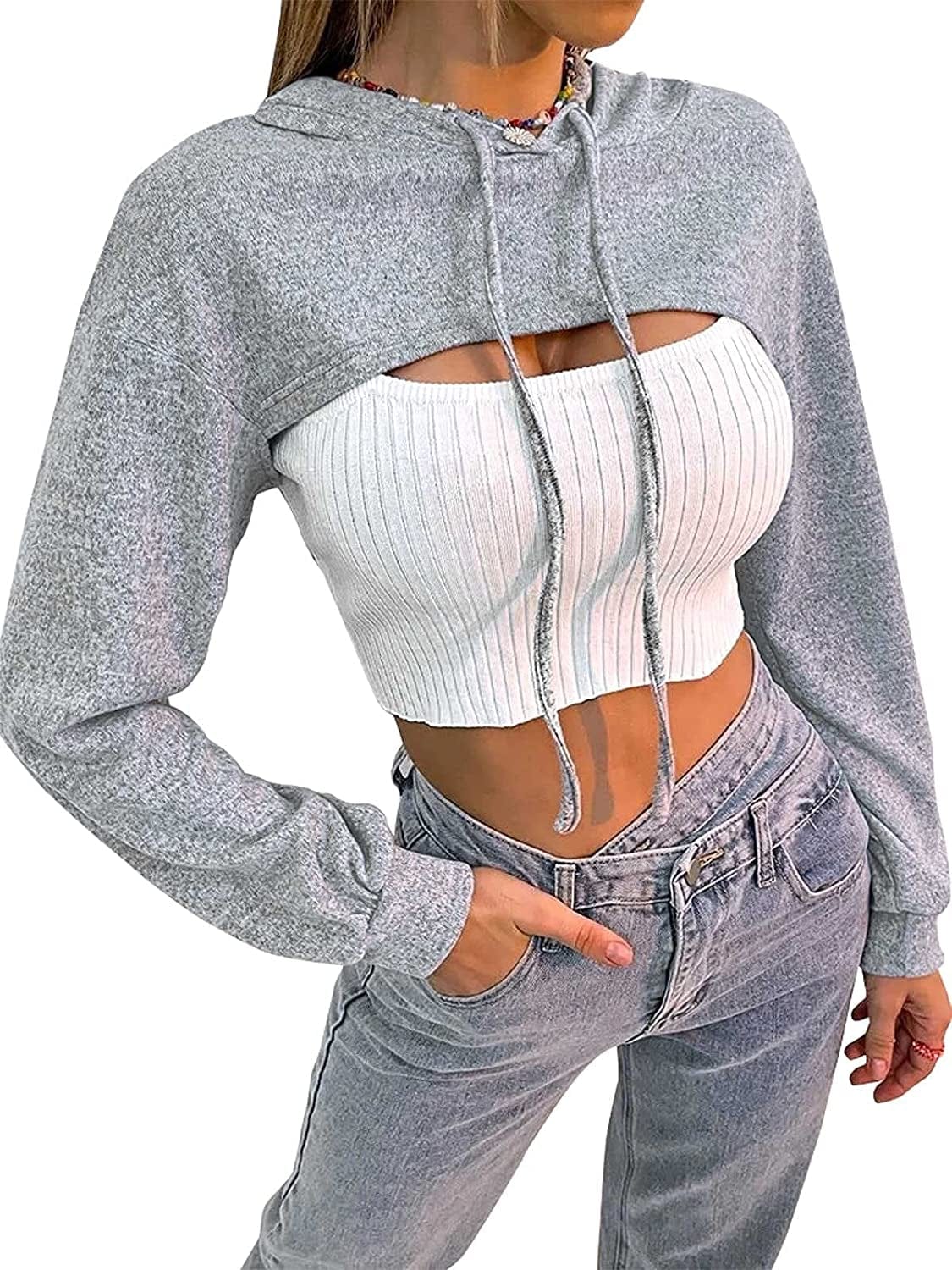 Women Long Sleeve Cropped Super Crop Top Hoodies Sweatshirt Aesthetic Punk Hip Hop Dance Sexy Rave Cloth Light Grey / X-Large-XX-Large