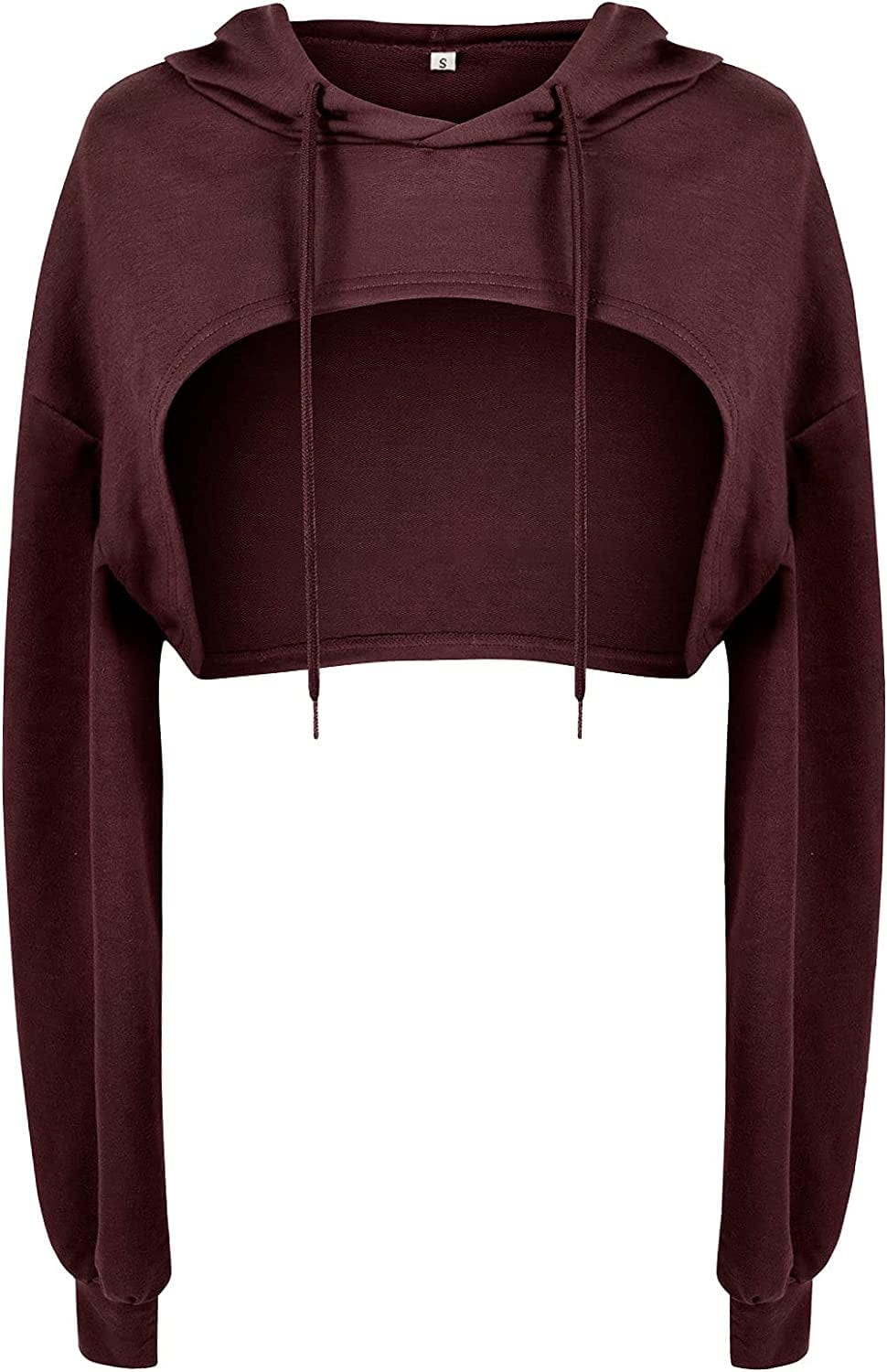 Women Long Sleeve Cropped Super Crop Top Hoodies Sweatshirt Aesthetic Punk Hip Hop Dance Sexy Rave Cloth Burgundy / Medium-Large