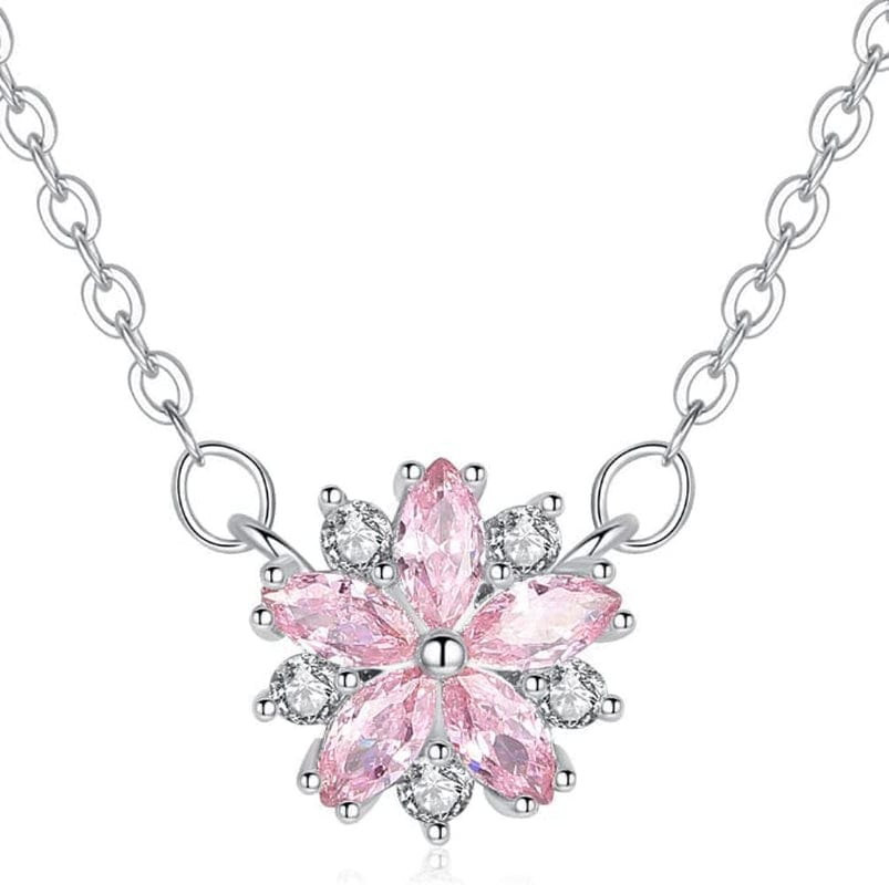 Women Pink Crystal Flower Rings Silver CZ Crystal Rings Large Flowers Floral Rings,Pink,#8 Necklace.pink / #11