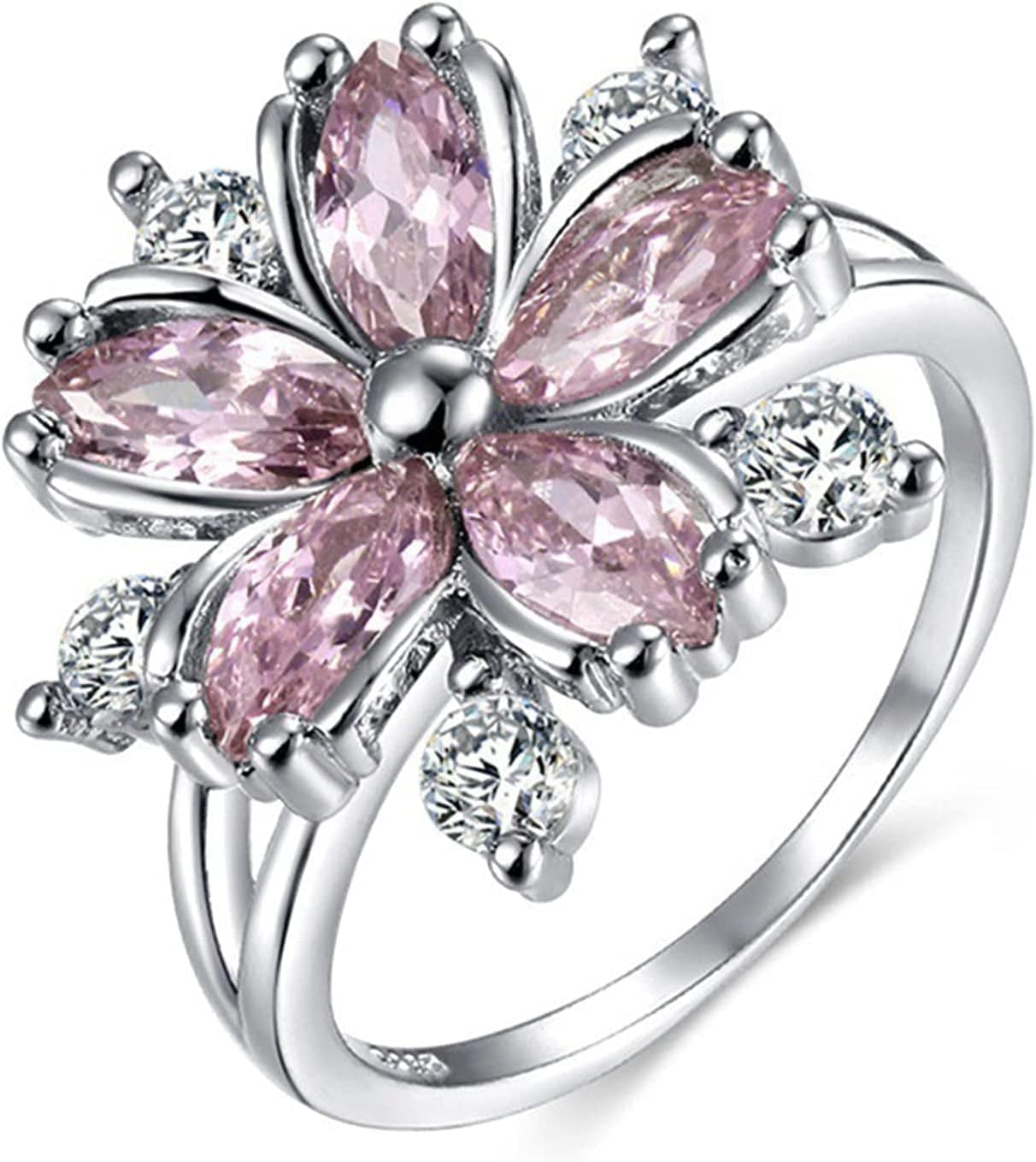 Women Pink Crystal Flower Rings Silver CZ Crystal Rings Large Flowers Floral Rings,Pink,#8 Pink / #5