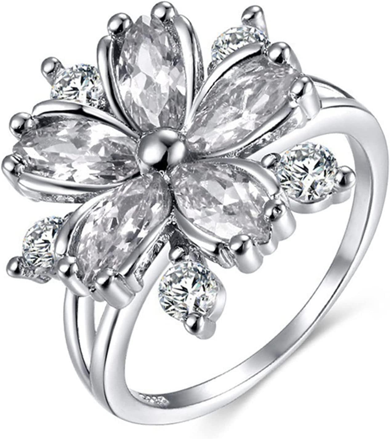 Women Pink Crystal Flower Rings Silver CZ Crystal Rings Large Flowers Floral Rings,Pink,#8 Silver / #8