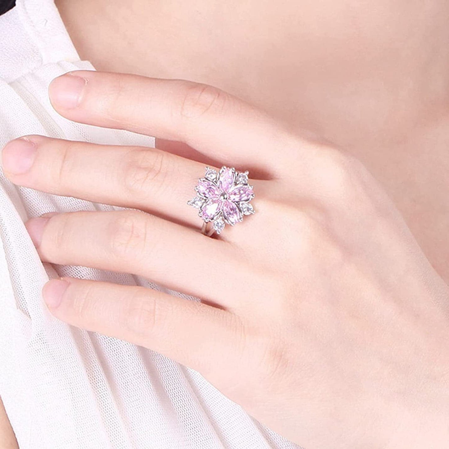 Women Pink Crystal Flower Rings Silver CZ Crystal Rings Large Flowers Floral Rings,Pink,#8