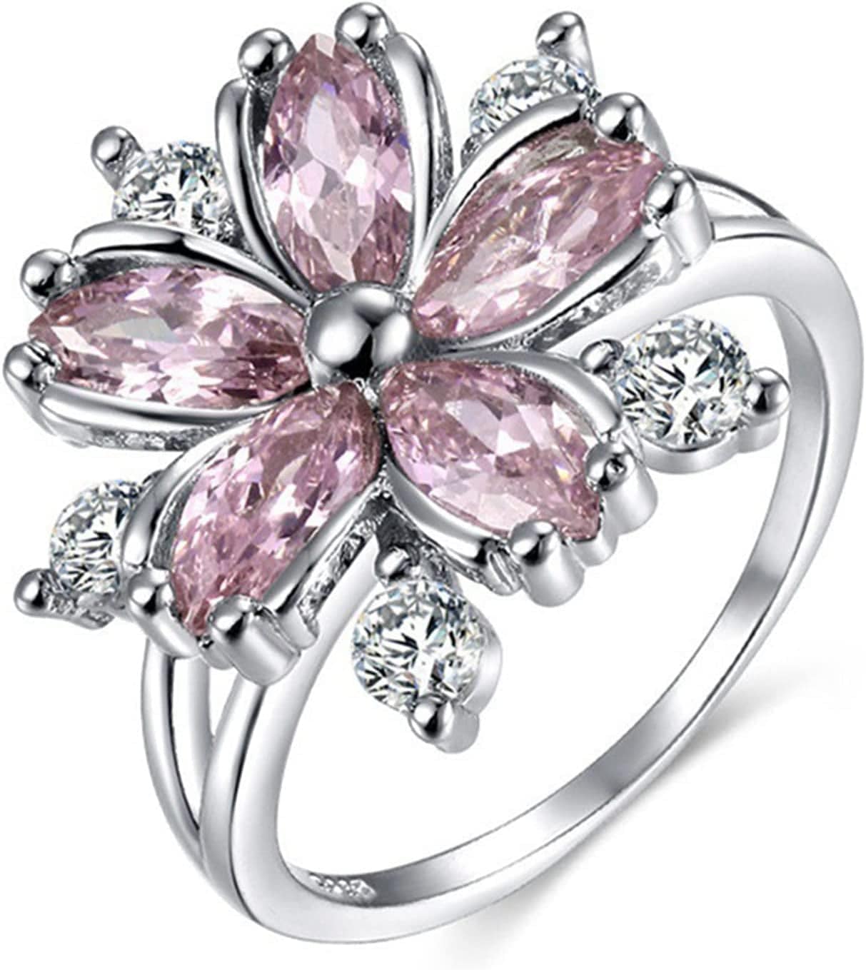 Women Pink Crystal Flower Rings Silver CZ Crystal Rings Large Flowers Floral Rings,Pink,#8 Pink / #8