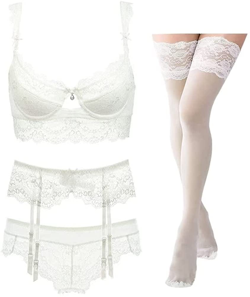 Women Push up Embroidery Bras Set Lace Lingerie Bra and Panties and Socks 4 Piece White / 36D