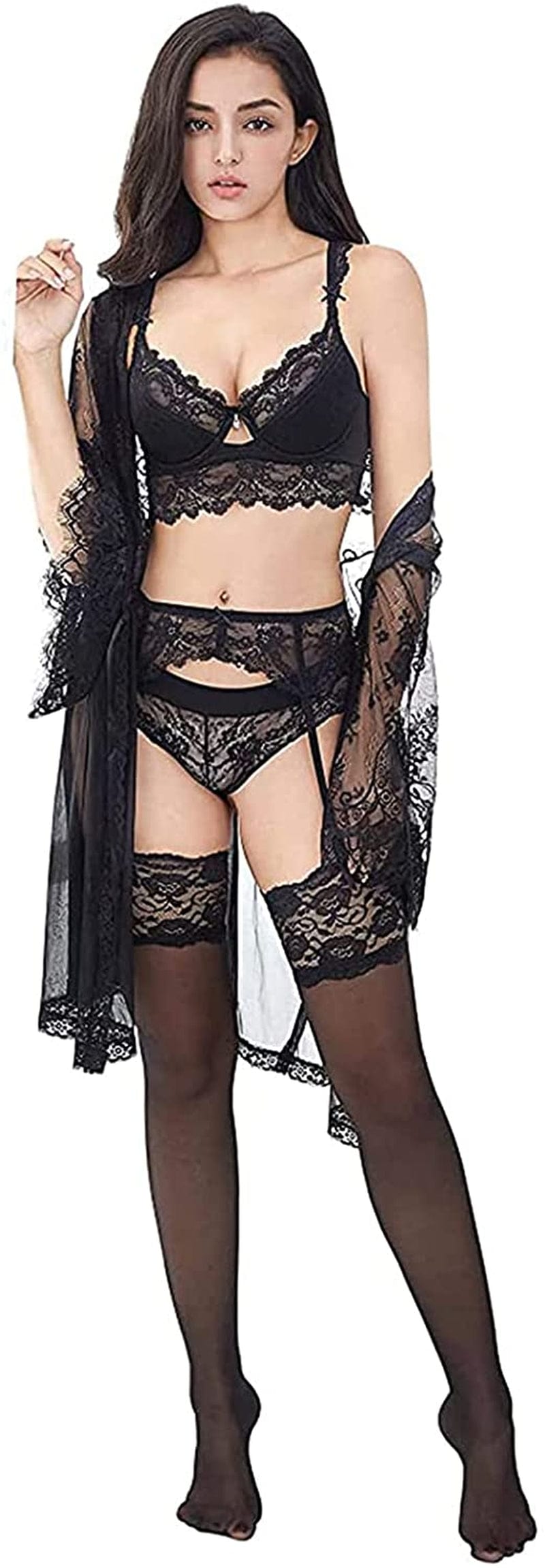 Women Push up Embroidery Bras Set Lace Lingerie Bra and Panties and Socks 4 Piece Black1 / 36D