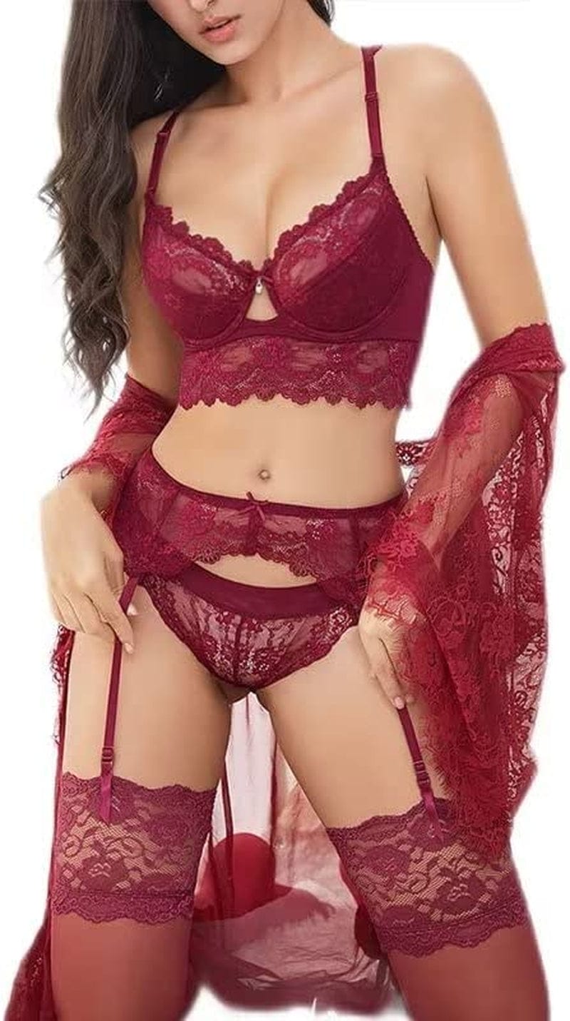 Women Push up Embroidery Bras Set Lace Lingerie Bra and Panties and Socks 4 Piece Red1 / 38B