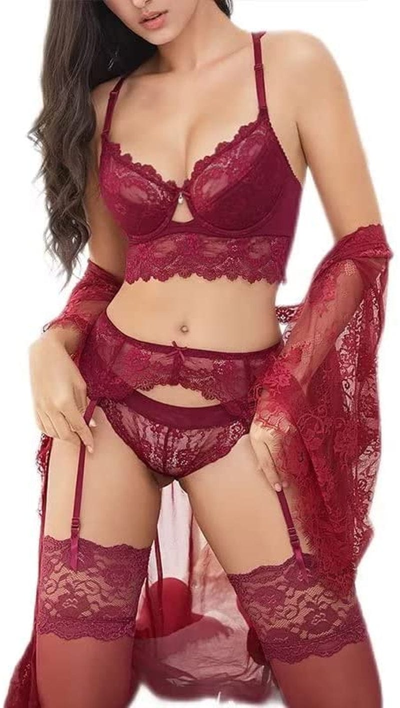 Women Push up Embroidery Bras Set Lace Lingerie Bra and Panties and Socks 4 Piece Red1 / 40D