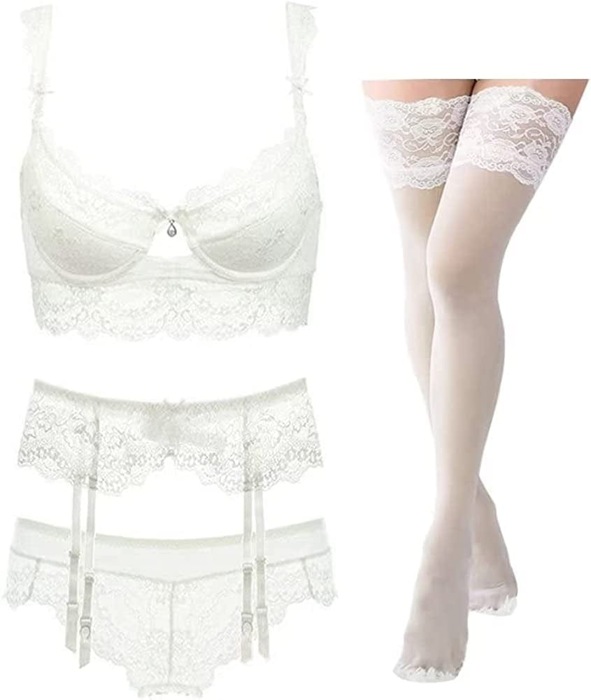 Women Push up Embroidery Bras Set Lace Lingerie Bra and Panties and Socks 4 Piece White / 38B