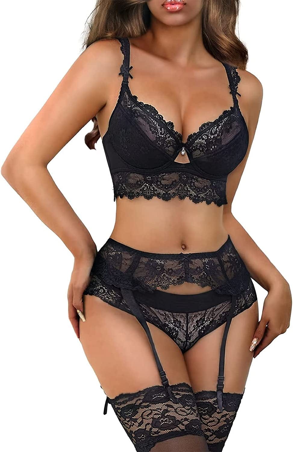 Women Push up Embroidery Bras Set Lace Lingerie Bra and Panties and Socks 4 Piece Black / 38B