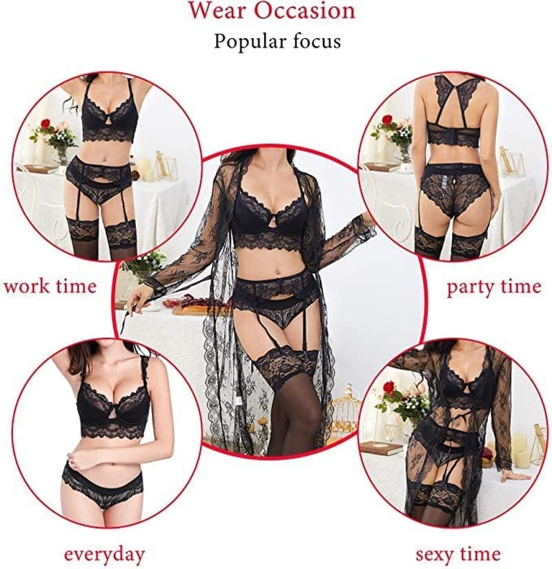 Women Push up Embroidery Bras Set Lace Lingerie Bra and Panties and Socks 4 Piece