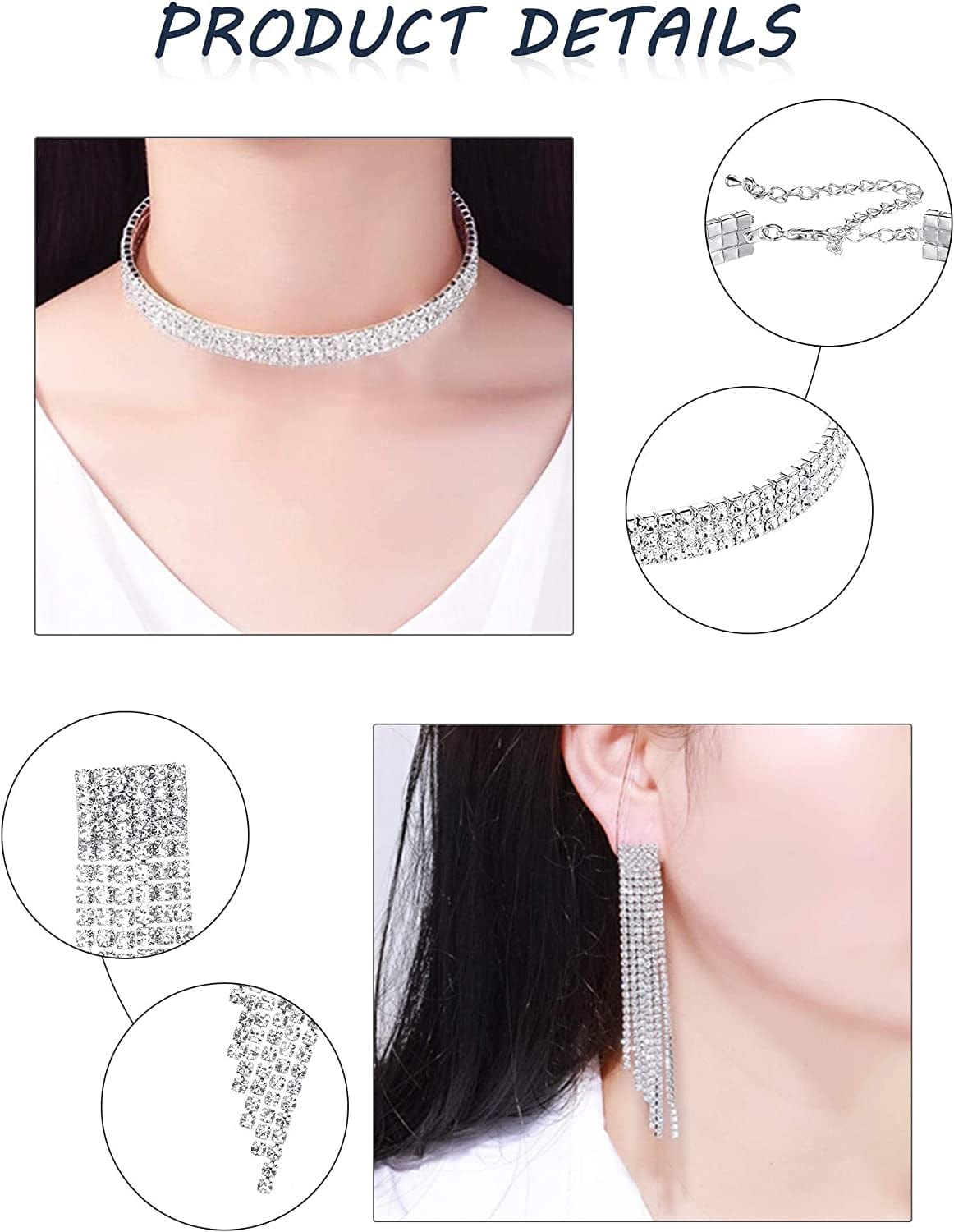 Women Rhinestone Stretch Bracelet Bangle Crystal Rhinestone Necklace Ring Dangle Fringe Earrings