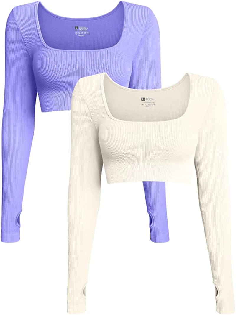 Women'S 2 Piece Crop Top Ribbed Seamless Workout Exercise Long Sleeve Crop Tops Purple,beige / Small
