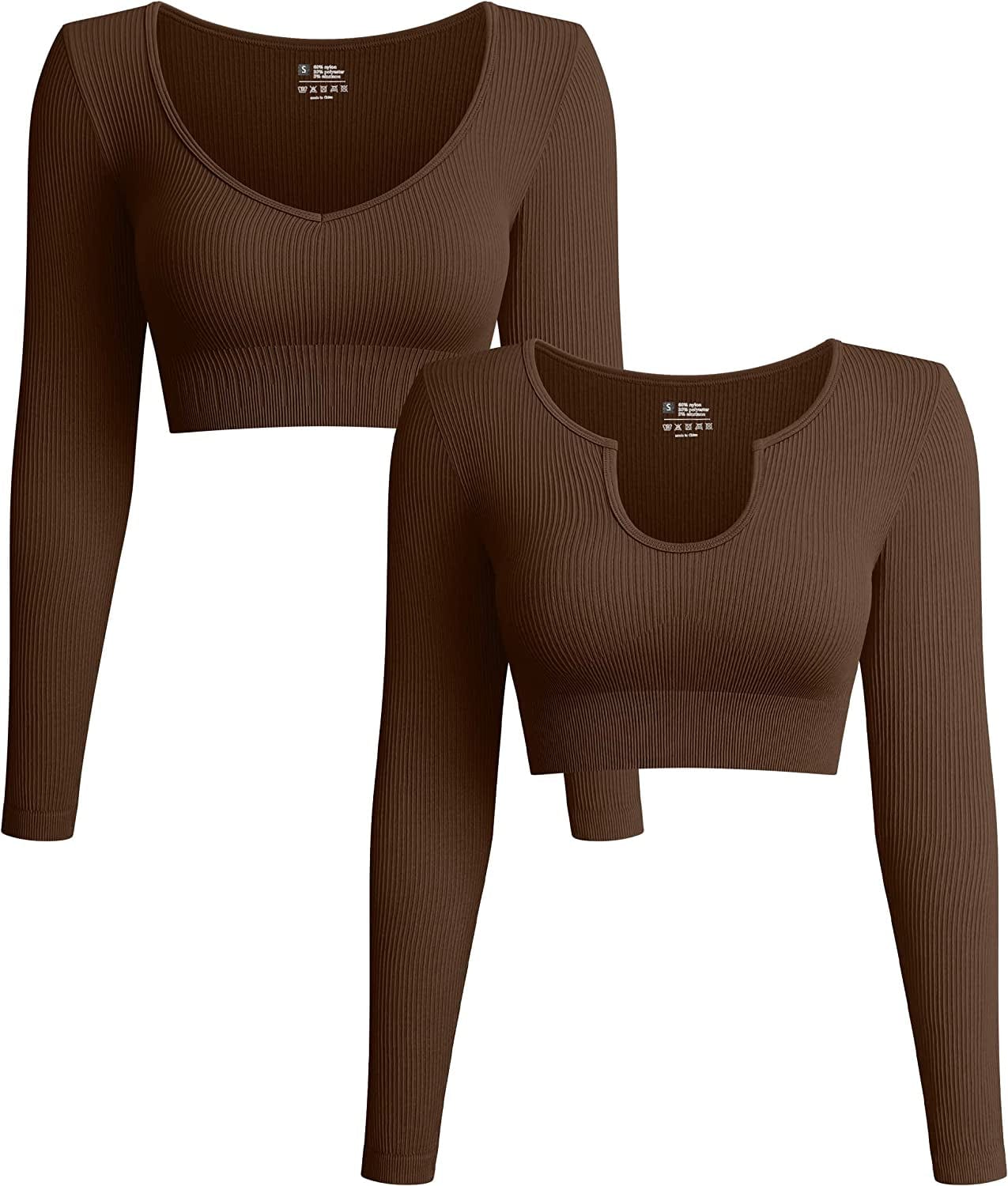 Women'S 2 Piece Crop Top Ribbed Seamless Workout Exercise Yoga Basic Long Sleeve Crop Tops Coffee / Small